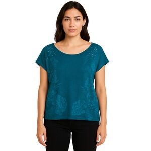DKNY Jeans Teal Floral Embellished Short Sleeve Tee Women’s Size L